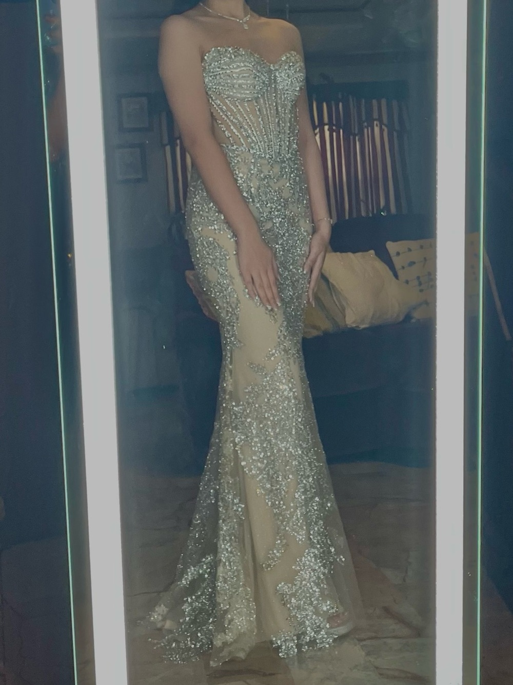 Beaded Champagne Prom Dress with Corseted Bodice - Picture 5 of 5